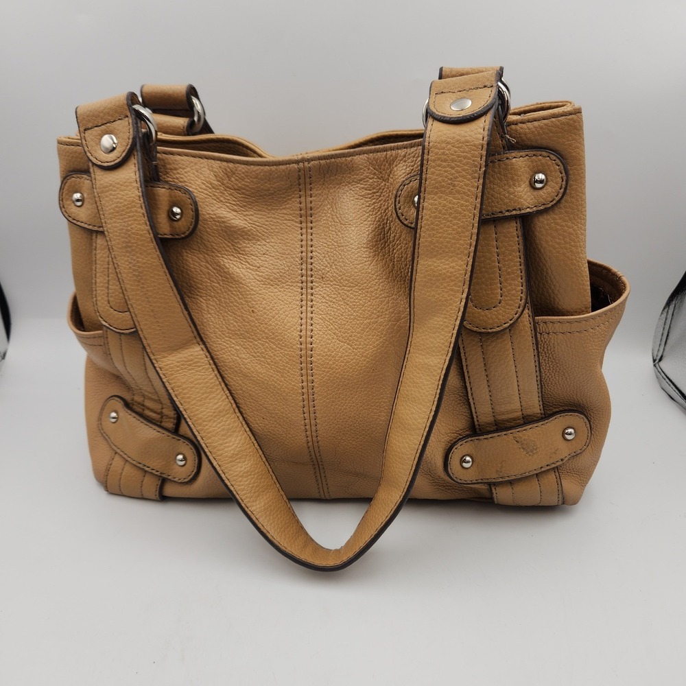 Tignanello Leather Tote Shoulder Bag Tan Brown Multi Pocket Chain Lined - Picture 1 of 16